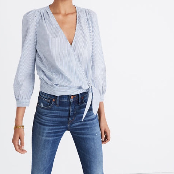 MADEWELL Wrap Top in Indigo Stripe M - Picture 1 of 8